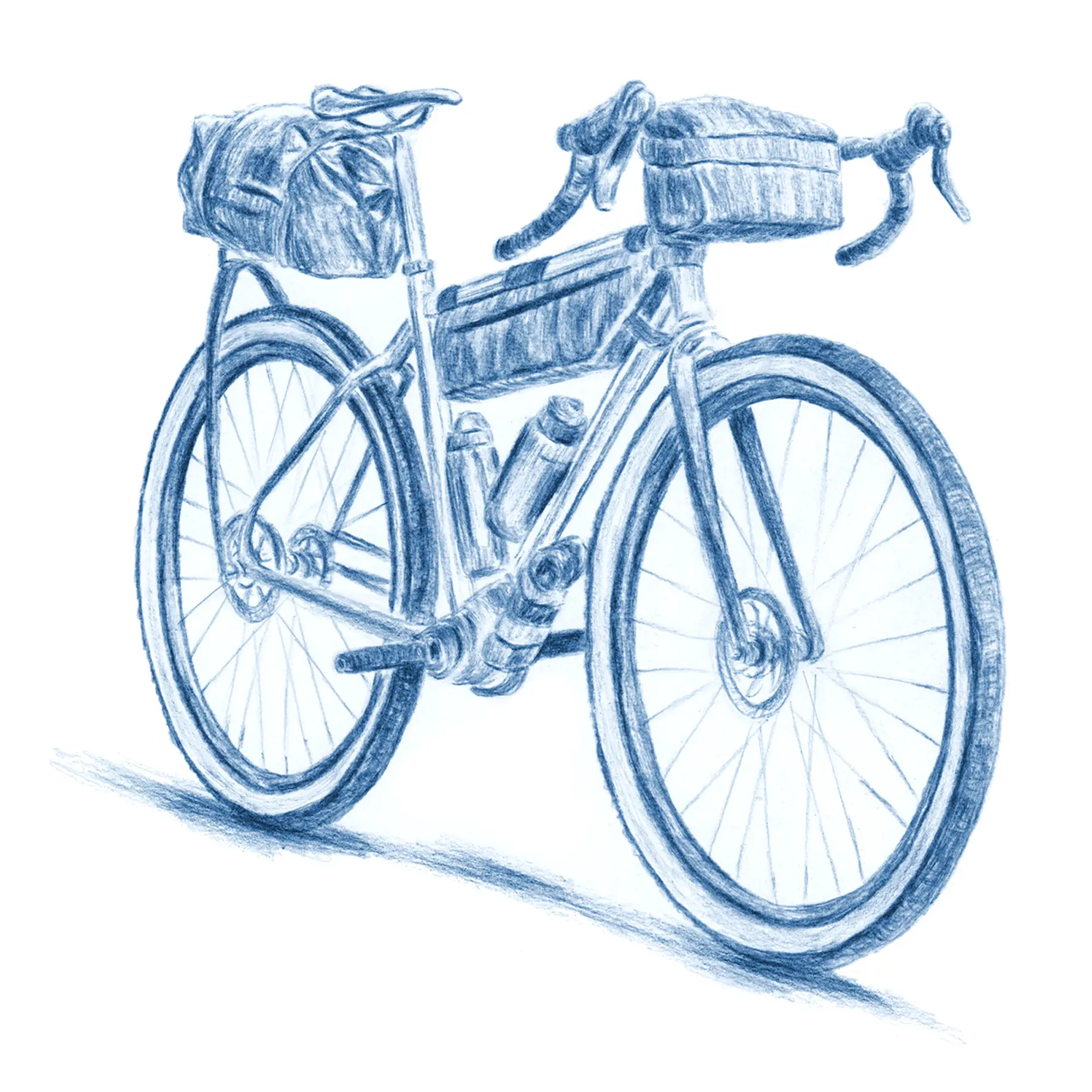 An illustration of a bicycle credited to Iris Legendre. It's in the style of blue pencil or charcoal on a white background, but there are signs that it's AI generated or augmented. There are bags attached to the handlebars, top tube, and a rear rack. The rear rack is only attached to the bike's frame at the dropouts and is not secured in front, which is not how rear racks work. There's a crank but no pedals or chain; there are brake rotors but no actual brakes. More subtly, the brake rotors are on the wrong side and the front tire appears wider than the fork. And I can't tell what's going on with the bottom bracket. There's something underneath the down tube but the illustration style makes it sort of an indistinct blob, and it's also not entirely clear if the down tube actually joins the bottom bracket sensibly.